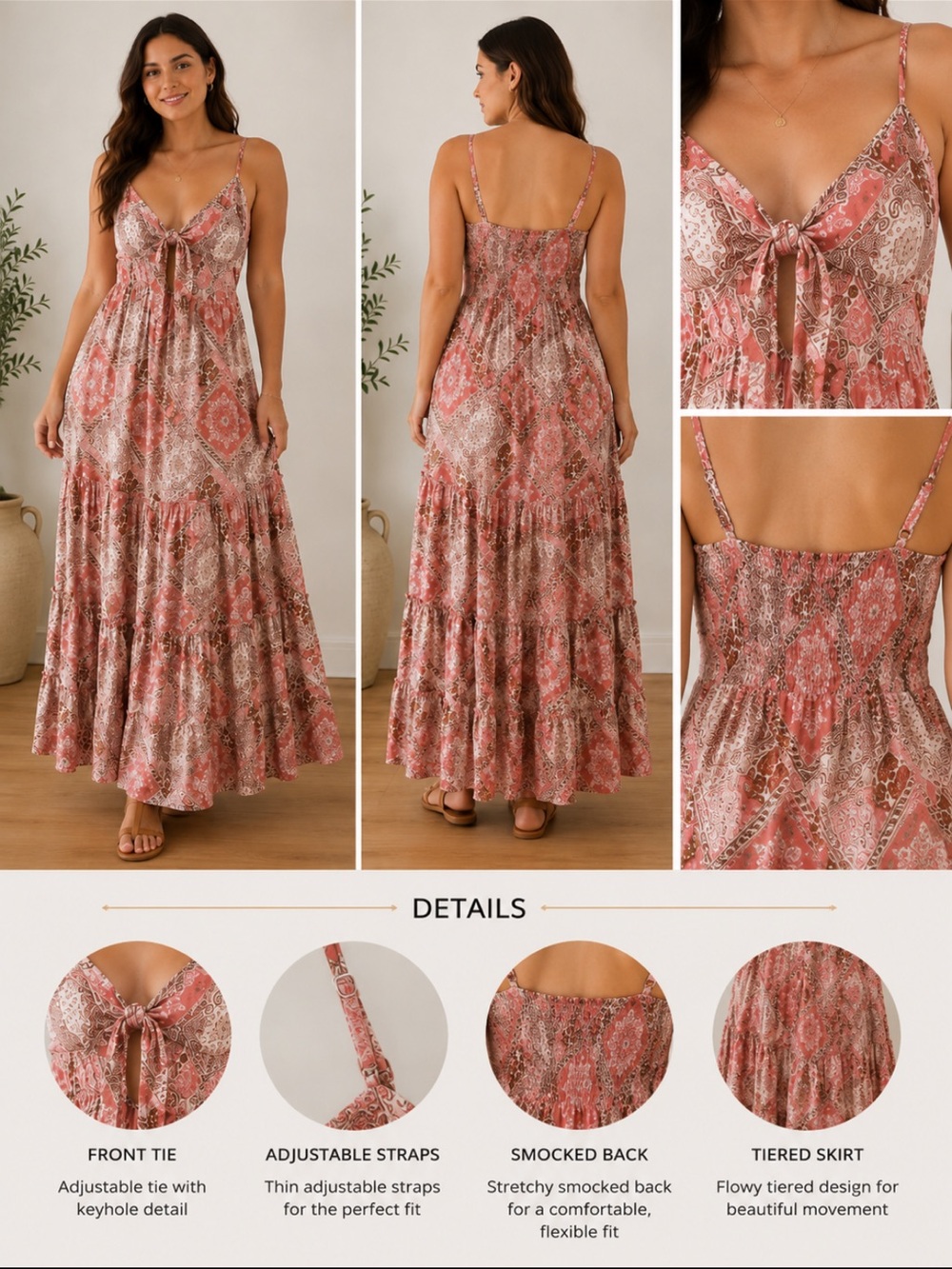 Paisley Tie-Front Maxi Dress in burgundy/Pink paisley